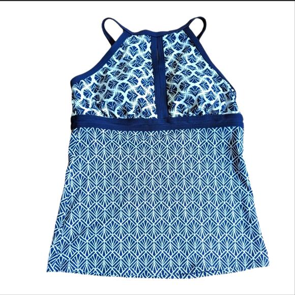 Lands' End Keyhole High Neck Geometric Print Navy Tankini Top Size 6L - Picture 1 of 6